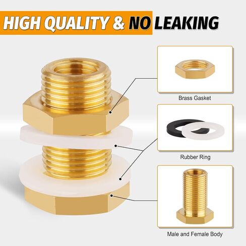 KOOTNAS 2-Pack Solid Brass Bulkhead Fittings, 1/4 NPT Taper Female 3/4" Straight Male Thread Brass Water Tank Connector with 4 Rubber Rings and Silicone Rings, for Tank Body, Wooden Barrels, etc in Saudi Arabia