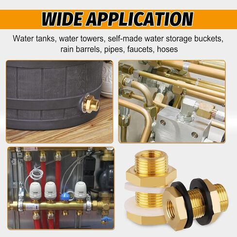 KOOTNAS 2-Pack Solid Brass Bulkhead Fittings, 1/4 NPT Taper Female 3/4" Straight Male Thread Brass Water Tank Connector with 4 Rubber Rings and Silicone Rings, for Tank Body, Wooden Barrels, etc in Saudi Arabia