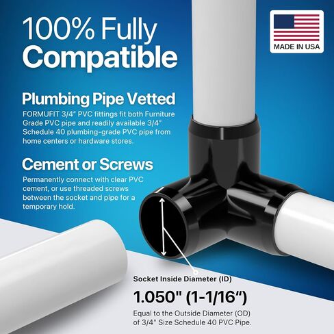 FORMUFIT 3/4" 3-Way Elbow Furniture Grade PVC المناسب باللون الأسود، صنع في الولايات المتحدة الأمريكية، مقاوم للأشعة فوق البنفسجية، مقاوم للصدمات، قطر المقبس الفعلي 1.050" (عبوة من 8) in Kuwait