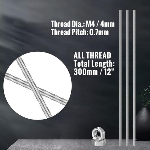 LEIFIDE 12 Sets 8/32 Inch 4mm Threaded Rod with Hex Nuts 4mm Stainless Steel Threads Studs Rods 4mm Stainless Steel Fully Threaded Hex Nuts for Beaded Garden Stake Rods (12 Inch) in Kuwait