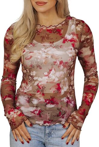 Womens Mesh Mock Neck Layering Tops Long Sleeve Floral Lace See Through Trendy Tee Shirt Blouse Tops in Saudi Arabia