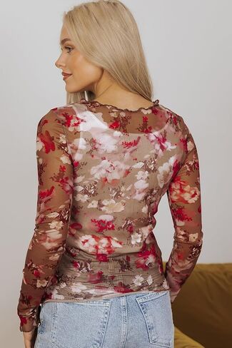 Womens Mesh Mock Neck Layering Tops Long Sleeve Floral Lace See Through Trendy Tee Shirt Blouse Tops in Saudi Arabia