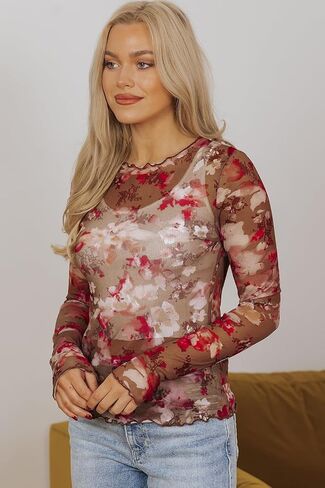Womens Mesh Mock Neck Layering Tops Long Sleeve Floral Lace See Through Trendy Tee Shirt Blouse Tops in Saudi Arabia