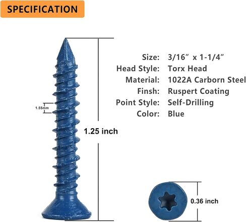 3/16" x 1-1/4" Concrete Screws, Anchoring to Masonry, Brick, Block, Cement or Stucco, 50PCS in Kuwait