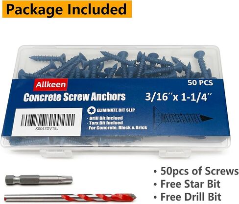 3/16" x 1-1/4" Concrete Screws, Anchoring to Masonry, Brick, Block, Cement or Stucco, 50PCS in Kuwait