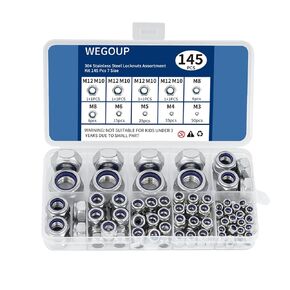 145 PCS Nylon Insert Locknut Assortment Kit, Metric M3-M12, 304 (A2-70) Stainless Steel Lock Nuts, Hex Nut Set for Industrial and Home Use
