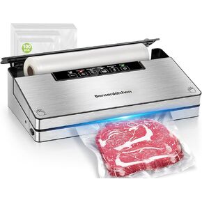 Bonsenkitchen Vacuum Sealer Machine, Food Sealer with 5 Modes, Built-in Cutter & Bag Storage, Globefish Technology for High-Speed Continuous Working, Include 100 Vacuum Bags & 1 Roll Bag