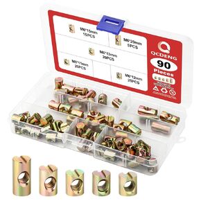 90Pcs M6 Slotted Barrel Nut Kits, Furniture Nuts for Beds Crib 5Size M6 x 11mm/12mm/13mm/15mm/20mm