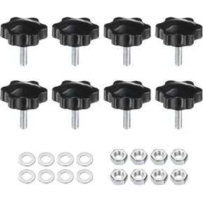 uxcell 8pcs Star Clamping Knobs with Nuts Washers, M10 x 25mm Metric Zinc Plated Carbon Steel Male Thread 38mm 6-Star Plastic Head, Threaded Stud Hand Knobs Handles Thumb Screws, Black