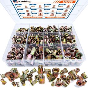 Rivet Nut Kit, 470Pcs SAE & Metric UNC Rivet Nut, Zinc Plated Carbon Steel Rivnut Threaded Inserts Assortment Set Nutserts, Sizes 6-32 8-32 10-24 1/4"-20 5/16"-18 3/8"-16 M3 M4 M5 M6 M8 M10
