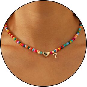 Initial Necklaces for Women Colorful Beaded Charm Letter Alphabet Choker Bohemian Necklace Gold Plated Pendant with Heart-shaped Metal Y2K Boho Summer Necklace Jewelry Gift