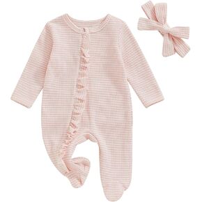 Baby Girl Fall Footed Romper Stripe Print Long Sleeve Ruffle Zipper Jumpsuit Headband Newborn Coming Home Outfits