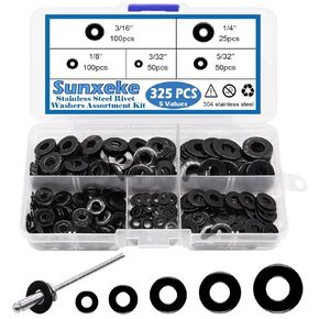325pcs Stainless Steel Washers Black for Blind Pop Rivets Assortment Kit, Backup Rivet Washers Diameter 3/32 inch 1/8 inch 5/32 inch 3/16 inch 1/4 inch