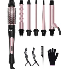 6 in 1 Curling Iron, Curling Wand Set with Thermal Brush (1.5inch) & 1inch Bubble Curling Wand and 3 Interchangeable Ceramic Barrel (0.35"-1.25"), Instant Heat Up With Comb & Protective Glove & 2 Clip