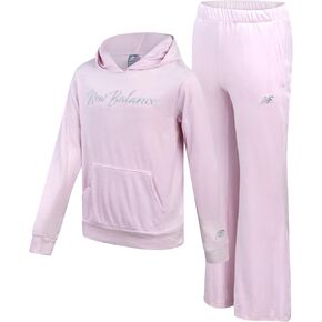 New Balance Girls' Sweatsuit Set - 2 Piece Velour Pullover Hoodie and Flare Jogger Pants - Activewear Set for Girls (7-12)