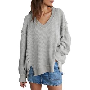 miduo Womens Oversized Waffle Knit Sweatshirts V Neck Long Sleeve Reverse Seam Side Splits Pullover Sweatshirts