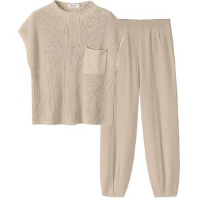 ANRABESS Women's Two Piece Outfits Knit Sweater Vest Crop Top Pants Lounge Matching Tracksuit Sweatsuit Travel Clothes Sets