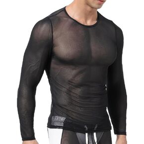 SEAUR Mens Sheer Mesh T Shirt See Through Long Sleeves Muscle Tee Tops Breathable Transparent Workout Undershirt Clubwear
