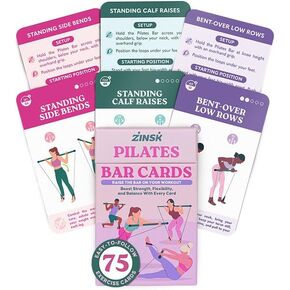 75 Pilates Bar Exercise Cards – Full-Body Pilates Bar Kit Home Workouts for Upper, Lower Body & Core – Big 3x5 Cards with Instructions & Easy-to-Read Text – Portable Deck and Pamphlet with 8 Workouts