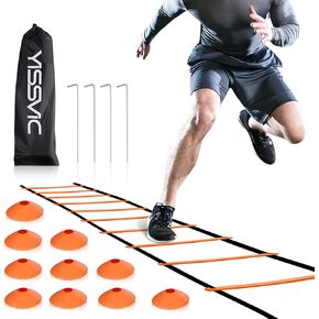 YISSVIC Agility Ladder and Cones 20 Feet 12 Adjustable Rungs Fitness Speed Training Equipment,1 Carry Bags, 10 Cones, 4 Stakes, Basketball, Soccer