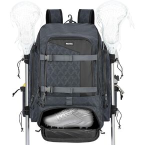 Lacrosse Bag, 50L Large Capacity to Holds All Lacrosse Equipment, Two Lax Stick Holders and Separate Cleats Compartment, Multifunctional Sports Lacrosse Backpack, Gifts for Sports Fans