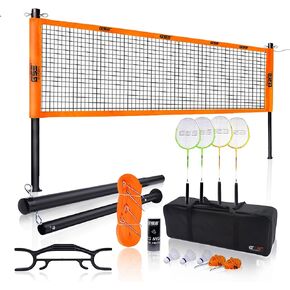 GSE Badminton Sets with Net, Portable Complete Badminton Sets for backyards with net with 4 Rackets,Portable Badminton Net,3 Birdies