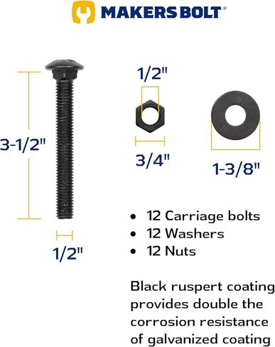 1/2 in. x 3-1/2 in. Black Carriage Bolt Kit Includes 12 Bolts, 12 Washers, and 12 Nuts, Ceramic Black Ruspert Coated for Exterior Use - 2X Rust Resistance of Galvanized by Makers Bolt in Saudi Arabia