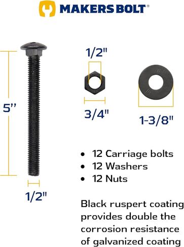 1/2 in. x 3-1/2 in. Black Carriage Bolt Kit Includes 12 Bolts, 12 Washers, and 12 Nuts, Ceramic Black Ruspert Coated for Exterior Use - 2X Rust Resistance of Galvanized by Makers Bolt in Saudi Arabia