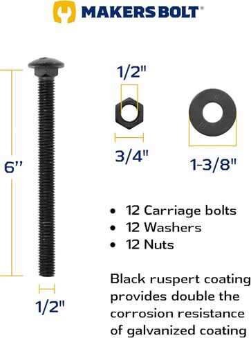 1/2 in. x 3-1/2 in. Black Carriage Bolt Kit Includes 12 Bolts, 12 Washers, and 12 Nuts, Ceramic Black Ruspert Coated for Exterior Use - 2X Rust Resistance of Galvanized by Makers Bolt in Saudi Arabia