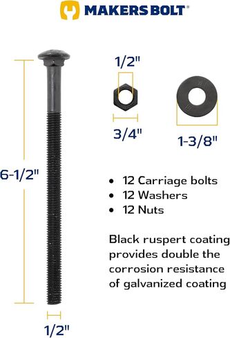 1/2 in. x 3-1/2 in. Black Carriage Bolt Kit Includes 12 Bolts, 12 Washers, and 12 Nuts, Ceramic Black Ruspert Coated for Exterior Use - 2X Rust Resistance of Galvanized by Makers Bolt in Saudi Arabia