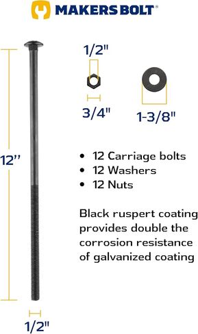 1/2 in. x 3-1/2 in. Black Carriage Bolt Kit Includes 12 Bolts, 12 Washers, and 12 Nuts, Ceramic Black Ruspert Coated for Exterior Use - 2X Rust Resistance of Galvanized by Makers Bolt in Saudi Arabia