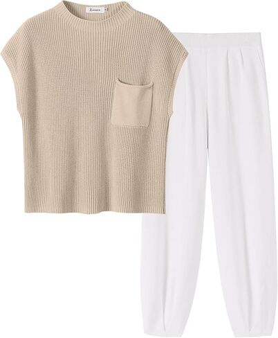 ANRABESS Women's Two Piece Outfits Knit Sweater Vest Crop Top Pants Lounge Matching Tracksuit Sweatsuit Travel Clothes Sets in Kuwait