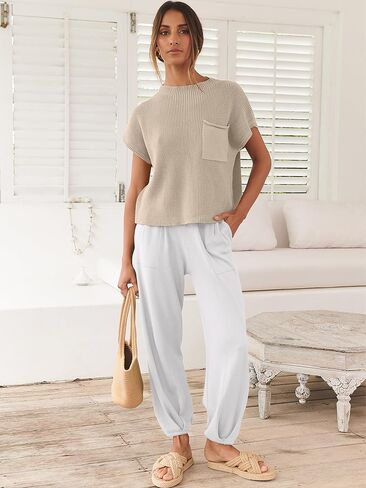 ANRABESS Women's Two Piece Outfits Knit Sweater Vest Crop Top Pants Lounge Matching Tracksuit Sweatsuit Travel Clothes Sets in Kuwait