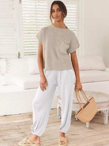 ANRABESS Women's Two Piece Outfits Knit Sweater Vest Crop Top Pants Lounge Matching Tracksuit Sweatsuit Travel Clothes Sets in Kuwait