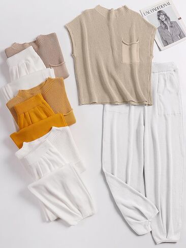ANRABESS Women's Two Piece Outfits Knit Sweater Vest Crop Top Pants Lounge Matching Tracksuit Sweatsuit Travel Clothes Sets in Kuwait