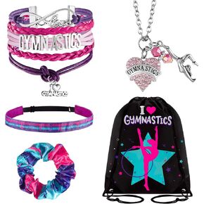 5 Pcs Gymnastics Gifts Gymnastics Drawstring Bag Gymnastics Stuff Gymnastics Headband Girls Gymnastics Bracelet Gymnastics Necklace Gymnastics Scrunchies Gymnast Party Favors for Youth Girls Boys Kids