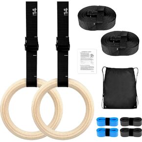 ZILLEEN Wooden Gymnastics Rings Olympic Rings with Adjustable Straps for Pull Up Bar Exercise Men Gym Kids