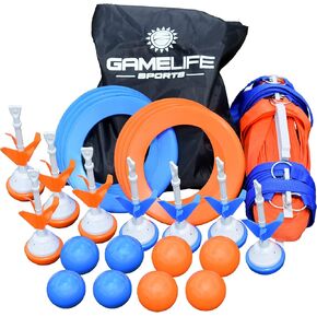 Outdoor Yard Game Premium Bocce Ball Set, up to 60 ft Nylon Court, 8 Bocce Balls, 8 Lawn Darts, 8 Flying Rings, Ground Stakes, Bag. Family Game, Teen, Boys & Girls 15 Years and Older
