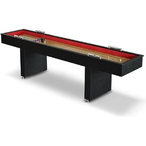 Hathaway Avenger 9 Ft Shuffleboard Table for Family Home Arcade Game Room - with Poly-Coated Playfield, Built-in Abacus Scorer, Padded Gutters, Leg Levelers, 8 Pucks, Brush & Wax - Black Wood Finish