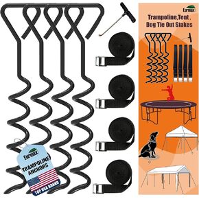 Eurmax USA Trampoline Stakes Heavy Duty Trampoline Parts Corkscrew Shape Steel Stakes Anchor Kit with T Hook for Trampolines -Set of 4 Bonus 4 Strong Belt