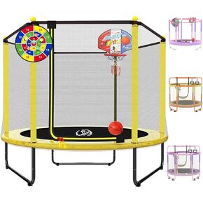 LANGXUN 60" Trampoline for Kids, 5ft Mini Toddler Indoor & Outdoor Trampoline with Net, Basketball Hoop & Dart Board, Birthday Gifts for Boys & Girls, Baby Toddler Christmas Toys