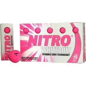 Nitro Long Distance Peak Performance Golf Balls (15PK) All Levels White Out 70 Compression High Velocity White Hot Core Long Distance Golf Balls USGA Approved-Total of 15-Hot Pink