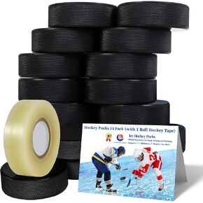 Hockey Pucks 15 Pack （with 1 Roll Hockey Tape） Official Hockey Pucks for Practicing and Classic Training, Ice Hockey Pucks Diameter 3", Thickness 1", 6oz, Black Hockey Pucks Bulk