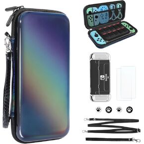 belle&birdie Switch Carrying Case fits Switch OLED - Hard Protective Travel Carry Case witch 10 Game Card Slot,Soft TPU Cover, Screen Protector,Adjustable Strap,Thumb Grip Caps (Black)