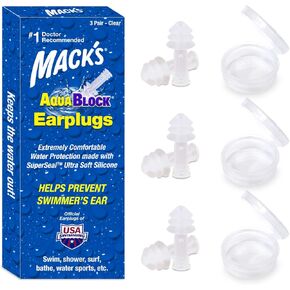 Mack's AquaBlock Swimming Earplugs, 3 Pair - Comfortable, Waterproof, Reusable Silicone Ear Plugs for Swimming, Snorkeling, Showering, Surfing and Bathing (Purple)