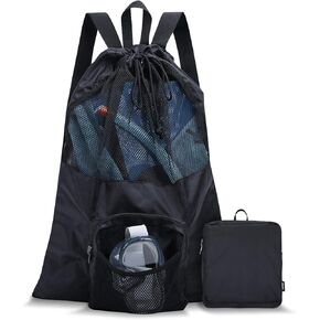 Packable Swim Bag, Mesh Swim Drawstring Backpack with 35L Upgraded Capacity & Vented Design, Lightweight Swimmers Mesh Bag for Swimming Gear Snorkeling Equipment (Black)