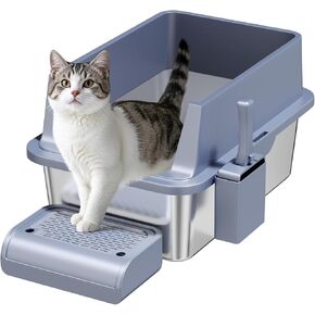 Enclosed Stainless Steel Cat Litter Box with Lid Extra Large Litter Box for Big Cats XL Metal Litter Pan Tray with High Wall Sides Enclosure, Non-Sticky, Anti-Leakage, Easy Cleaning (Light Grey)