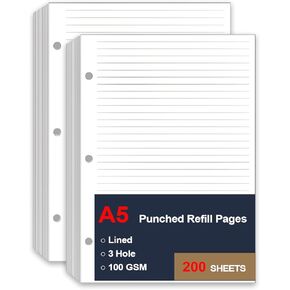 A5 Lined Paper Refill, 3 Hole Refill Paper, A5 Filler Paper, 100 Sheets/200 Pages Loose Leaf Paper for Filofax Planner Refills, Organizer, Binders, 100gsm Paper, 5.8 x 8.2 Inch in Saudi Arabia