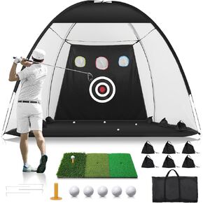 Golf Net: 10x7FT Golf Practice Net for Backyard Driving, Golf Hitting Net with Tri-Turf Golf Mat, Indoor Golf Training Chipping Aid Nets with Reduce Noise Nylon Target, Gifts for Him
