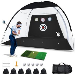 Golf Net with Noise Reduction Design,10x7ft Golf Nets for Backyard Driving Real Golf Balls,Golf Practice Net Indoor Outdoor with Tri-Turf Golf Mat for Golf Training Aid Chipping Swing Trainer